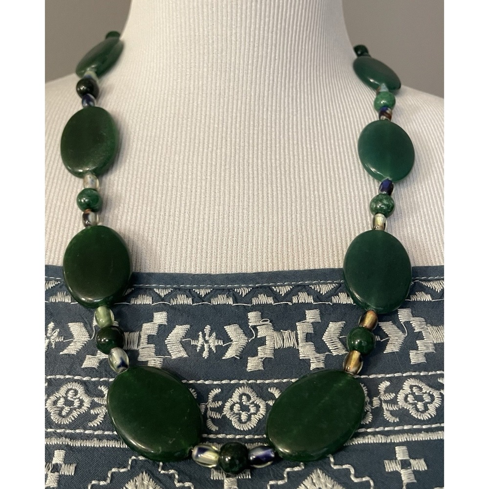 Green Jade Chunky Bead Necklace 25" Glass Spacers Silver Tone Lobster Clasp